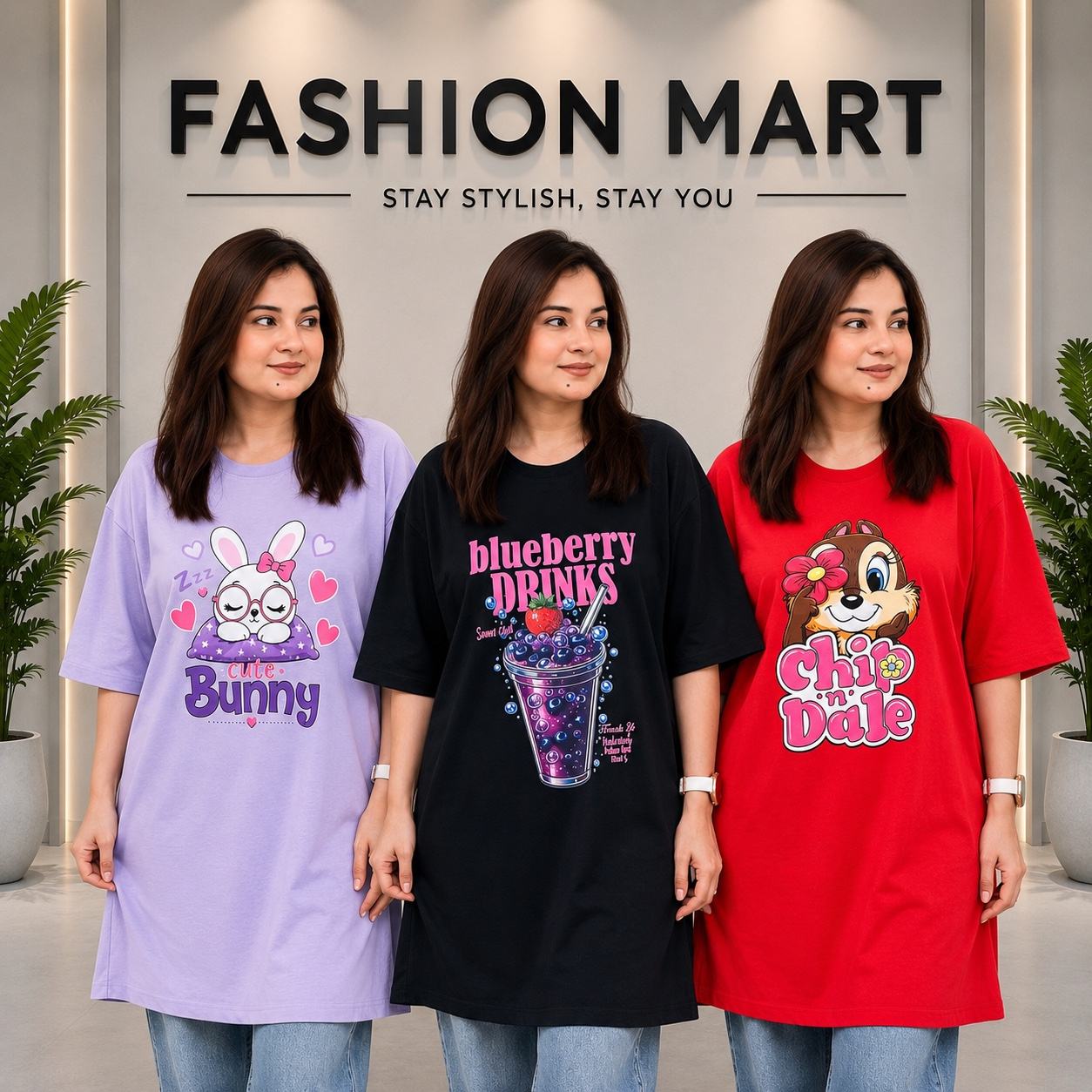 ৩ পিস লং টি-শার্ট কম্বো ৯৯৯ টাকা (Style-Chip Dale Red / Bunny Purple / Blueberry Drink Black)